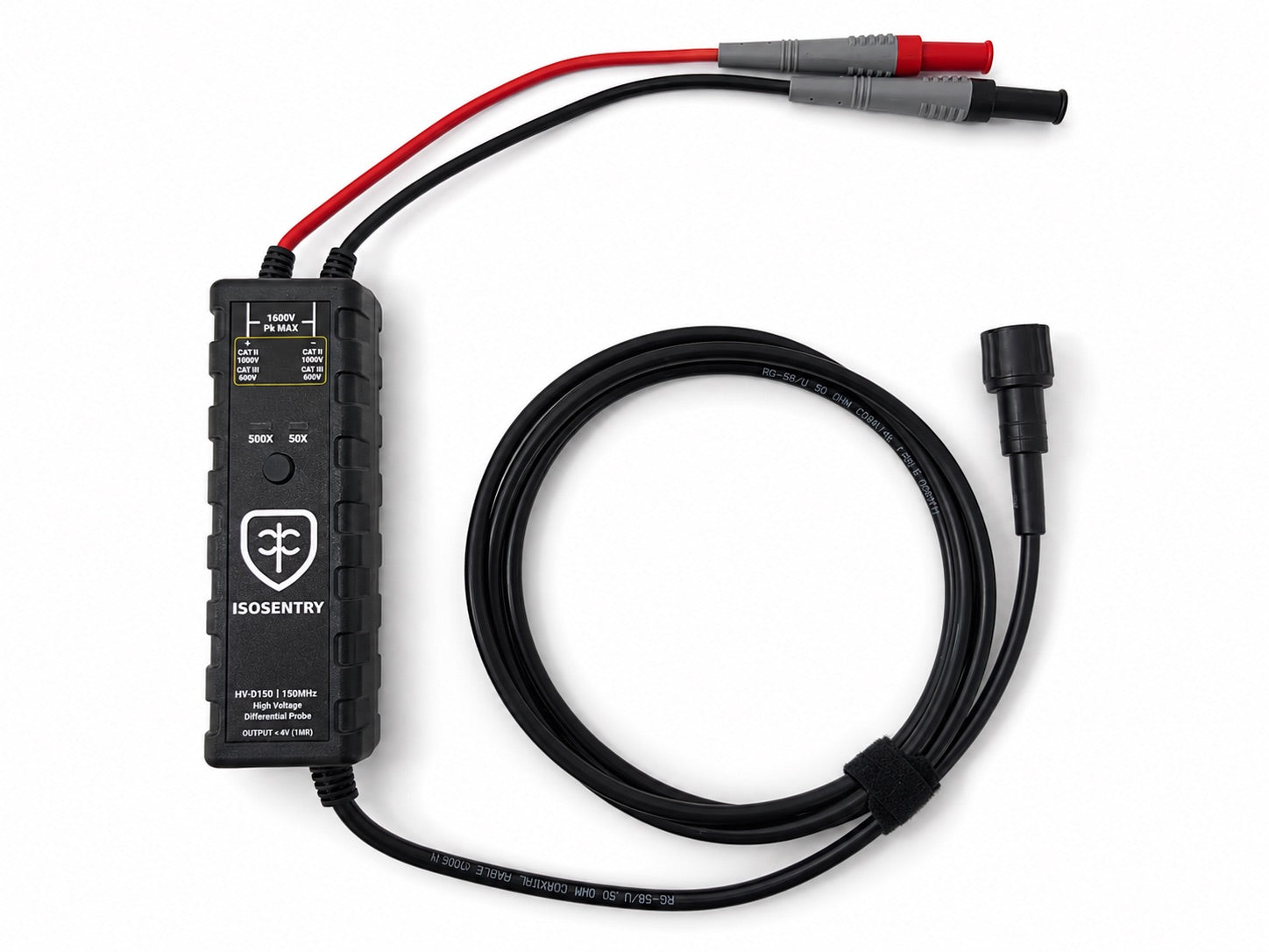 IsoSentry HV-D150 production high-voltage differential oscilloscope probe with input leads and coiled BNC output cable
