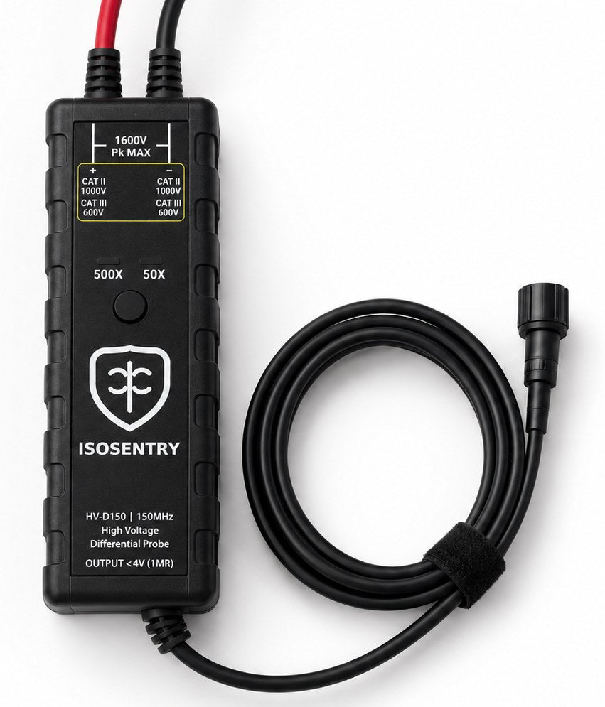 IsoSentry HV-D150 high-voltage differential oscilloscope probe with red and black input leads and coiled BNC output cable