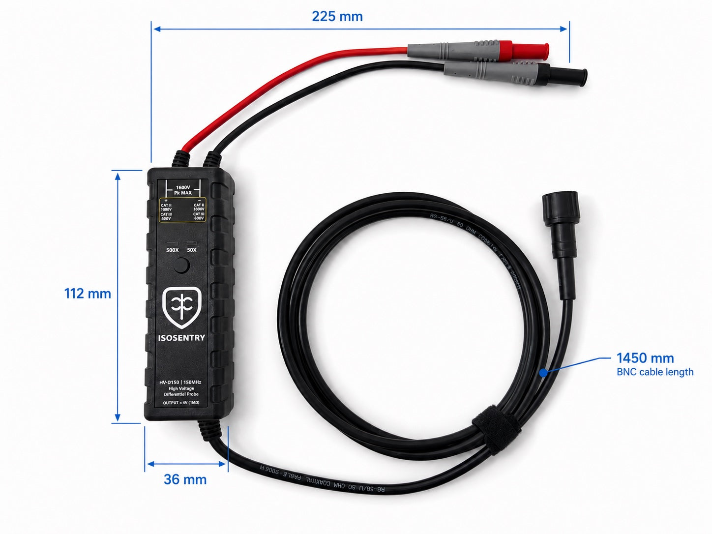 IsoSentry HV-D150 production high-voltage differential probe body and BNC cable dimension reference diagram