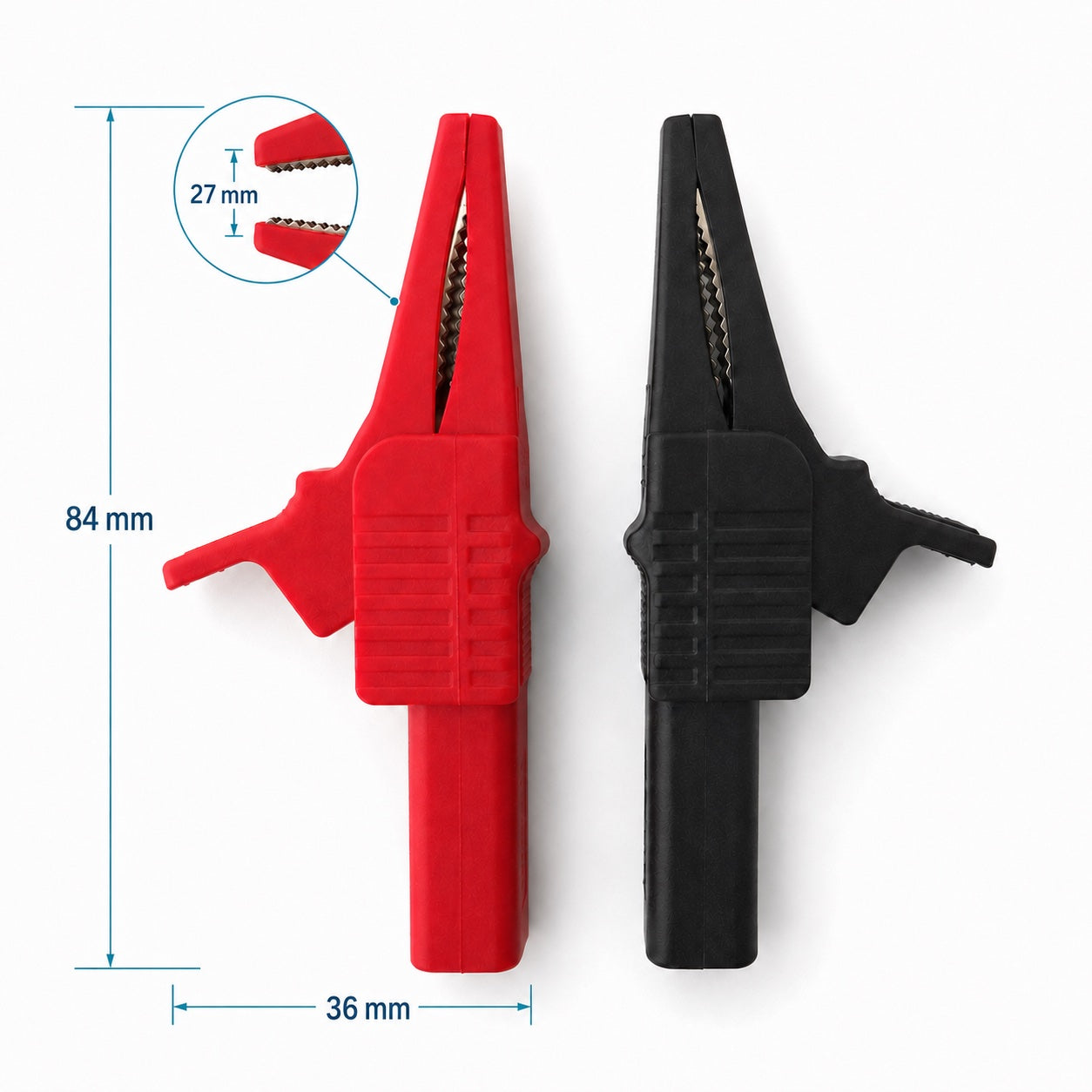 IsoSentry IS-CLP-01 Insulated Wide-Jaw Alligator Clip pair dimension reference diagram